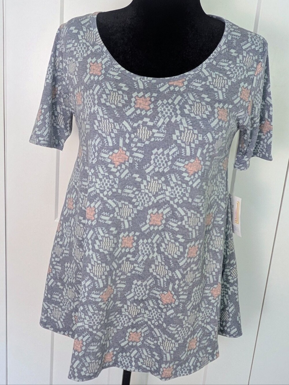 LulaRoe Women's Perfect T Grey Floral Tunic Top Sz XS gray light blue oversized
